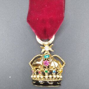 Vintage Red Velvet Rhinestone Crown Pendant Brooch